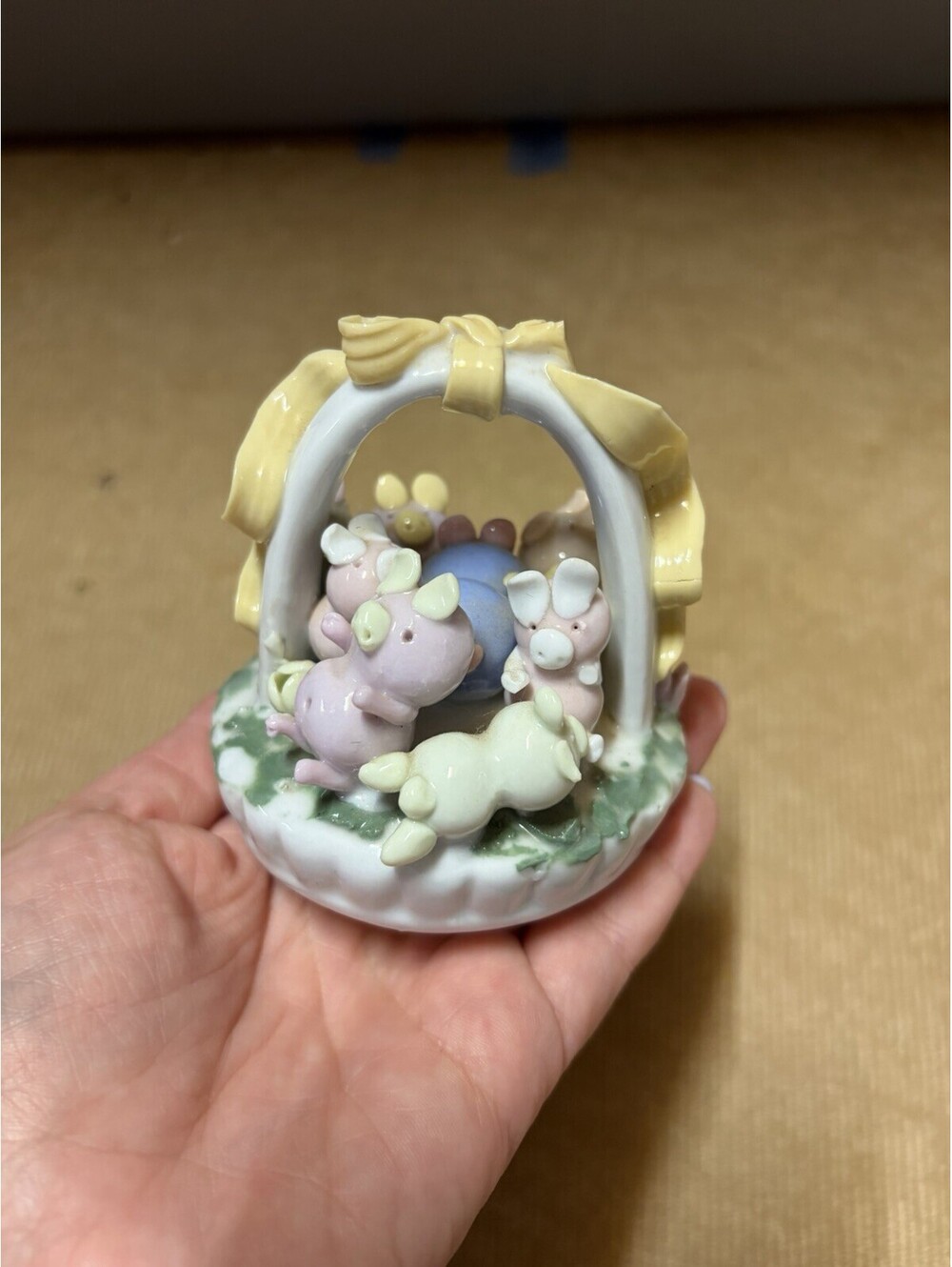 Whimsical Hand Made Pastel Pigs In A Basket Ceramic Figurine 3 1/2"